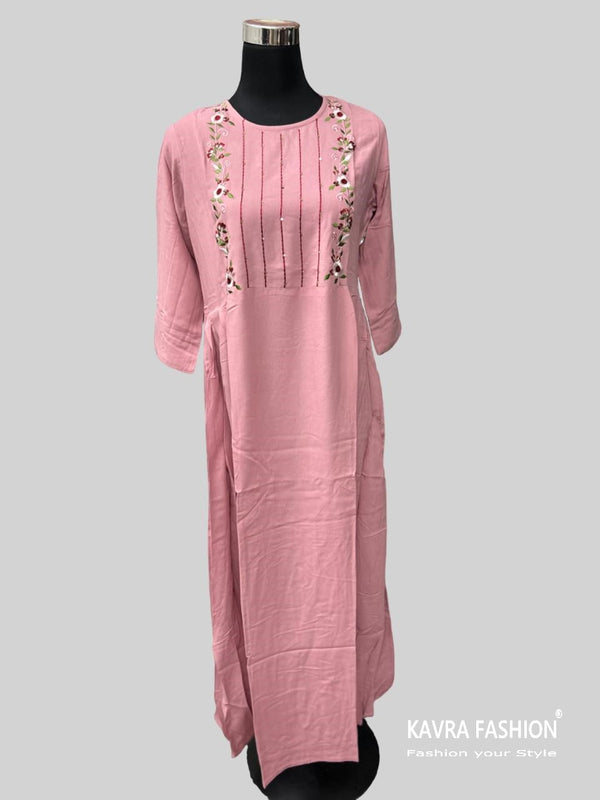 Peach Heavy Rayon Embroidered Long Anarkali Kurti